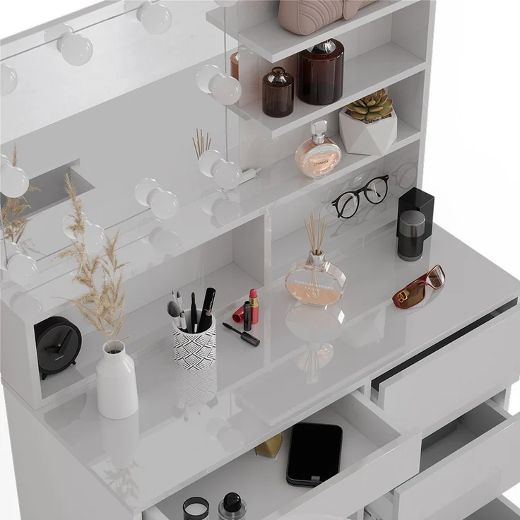 Schminktisch Sherry Weiß 90 cm mit LED Beleuchtung, und Spiegelregal Vicco – Bild 6