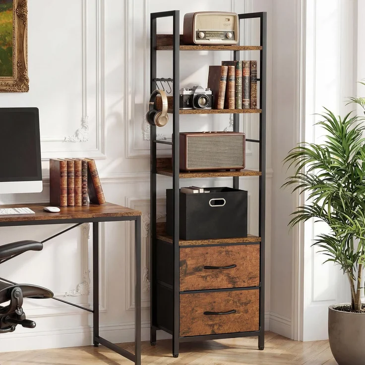 YITAHOME Industrie-Bücherregal, 4-stöckiges Regal mit verstellbaren Einlegeböden und 2 Stoffschubladen, freistehendes Präsentationsregal mit Metallrahmen für Wohnzimmer,Rustikales Braun – Bild 1