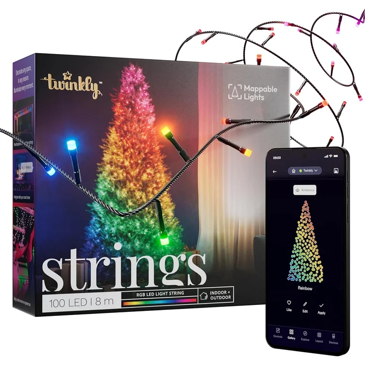 Twinkly Strings - LED-Lichterketten mit 100 RGB-LEDs - Innen- und Außenbeleuchtung - App-gesteuert, schwarzer Draht, 8m – Bild 1