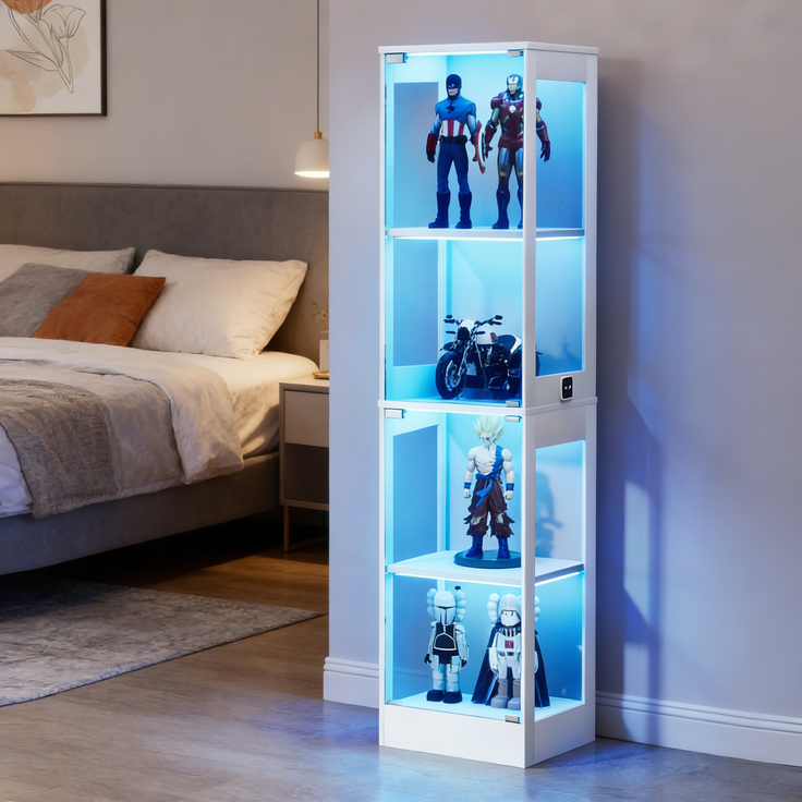 Vierstöckige Glasvitrine mit Stauraum, LED-Beleuchtung, Glastüren und intelligenten Sensoren, Als staubdichte Glasvitrine für Wohnzimmer, Schlafzimmer und Büros geeignet, Weiß. 40*35*165cm--Weiß--40x35x165cm--YOUDENOVA – Bild 5