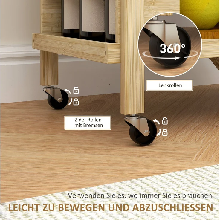 Küchenwagen 66x40x70 cm aus Bambus mit Weinregal und klappbarer Konstruktion – Bild 5