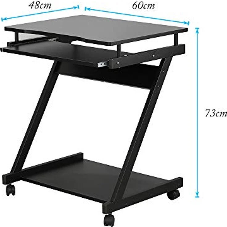SogesHome Schreibtisch Klein Computertisch mit 4 Rollen 2 Davon mit Bremsen PC-Tisch in Z-Form mit Tastaturauszug für Zuhause und Büro, 60x48 cm – Bild 3