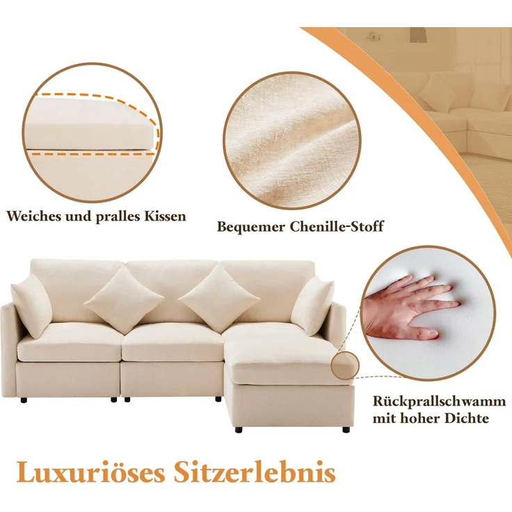 DESVIAE Sofa modular mit Hocker und 4 Kissen 216x81x161 cm Chenille Beige – Bild 4