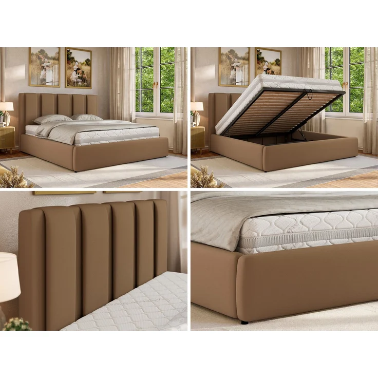 Polsterbett SAVINO CLASSIC mit Bettkasten und Lattenrost Doppelbett 200 x 200 cm mit hohem Kopfteil Stauraumbett Bett mit Gasdruckfeder - Braun Kunstleder - Foam Matratze - MIRO LUX – Bild 2