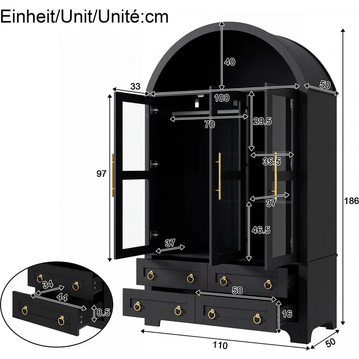 Kleiderschrank 110x50x186 cm in Schwarz mit 3 Glastüren, 4 Schubladen und App-LED – Bild 5
