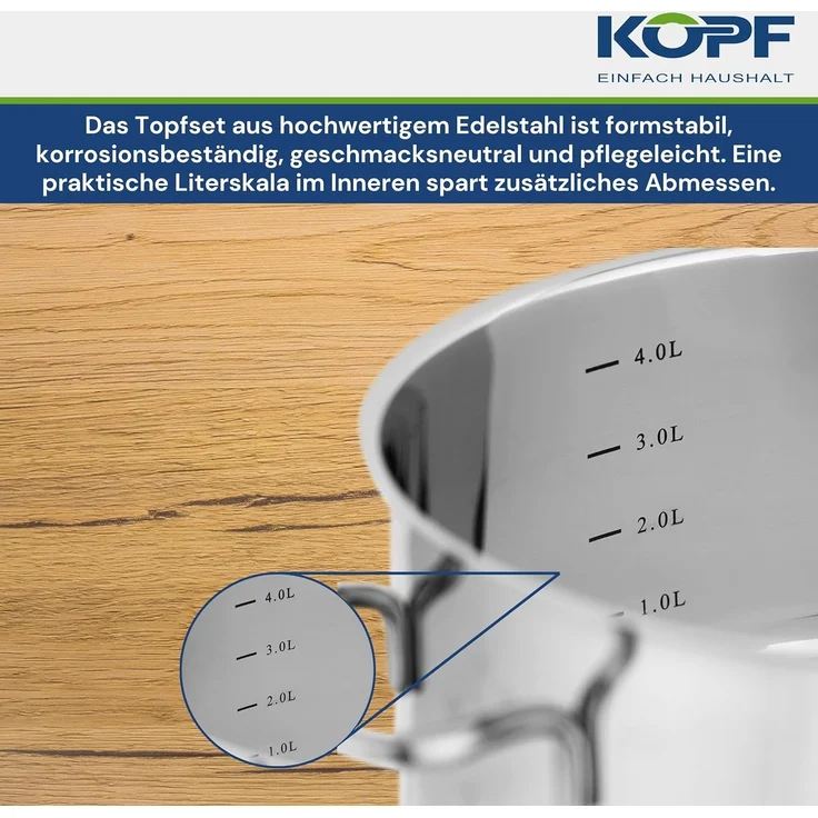Kopf Topf-Set Merkur 4-teilig, Edelstahl (4-tlg), Induktionstöpfe mit Schüttrand, Literskala und Glasdeckel – Bild 8