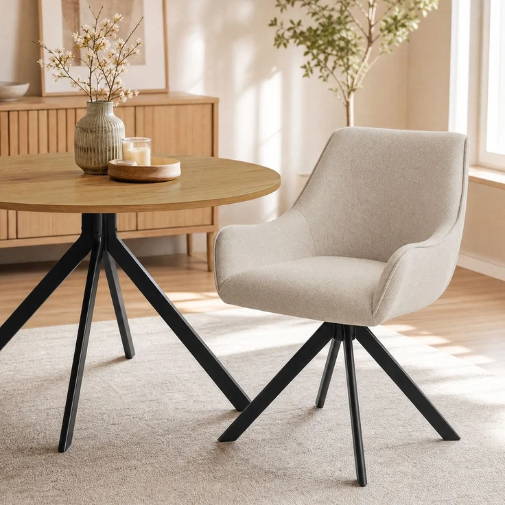 GOEURVANT 1001 Esstisch Set rund Ø 100 cm in Wildeiche-Optik, Küchentisch mit 2 drehbaren Stühlen in Beige – Bild 1