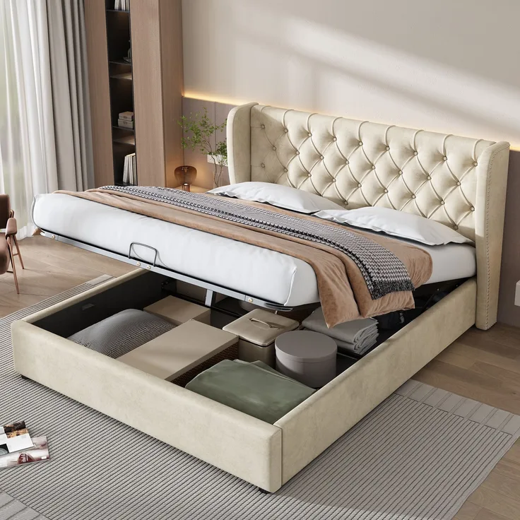Polsterbett 160x200 cm aus Samt mit Bettkasten – Chesterfield-Design und hohes Kopfteil