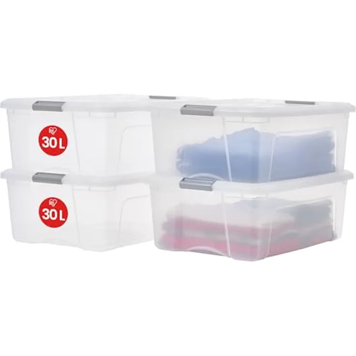 Iris Ohyama Aufbewahrungsboxen mit Deckel, 30L, 4er-Set, Silber, Sicherer Verschluss, Stapelbar, Griffe, Schlafzimmer, Schrank, Büro, Organisation, BPA-freies Plastik, Ordnungsboxen, NTB-30