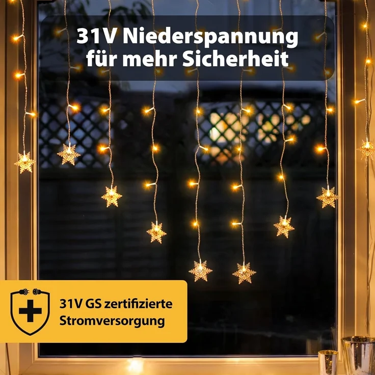 Salcar LED-Lichtervorhang 2M LED Schneeflocke Lichtervorhang Schneeflocken Lichterkette Außen, LED Weihnachtsdeko Fenster mit 9 Modi und Speicherfunktion, Warmweiß – Bild 4
