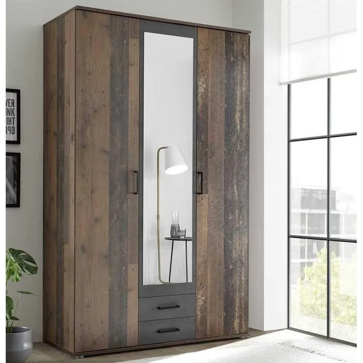 POL Power 'Chicago' Kleiderschrank mit Spiegel, 3-türig, Old Style/Betonoxid Optik, 120 x 197 x 54 cm (B/H/T)