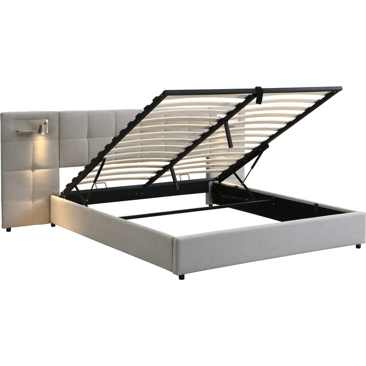Polsterbett mit LED-Beleuchtung, Wireless Charger und Stauraum, extra breites Kopfteil mit Spots, Type-C und USB Anschlüssen, 180x200 cm, gepolsterter Kopfteil, Doppelbett, Stauraumbett, Leinen – Bild 8