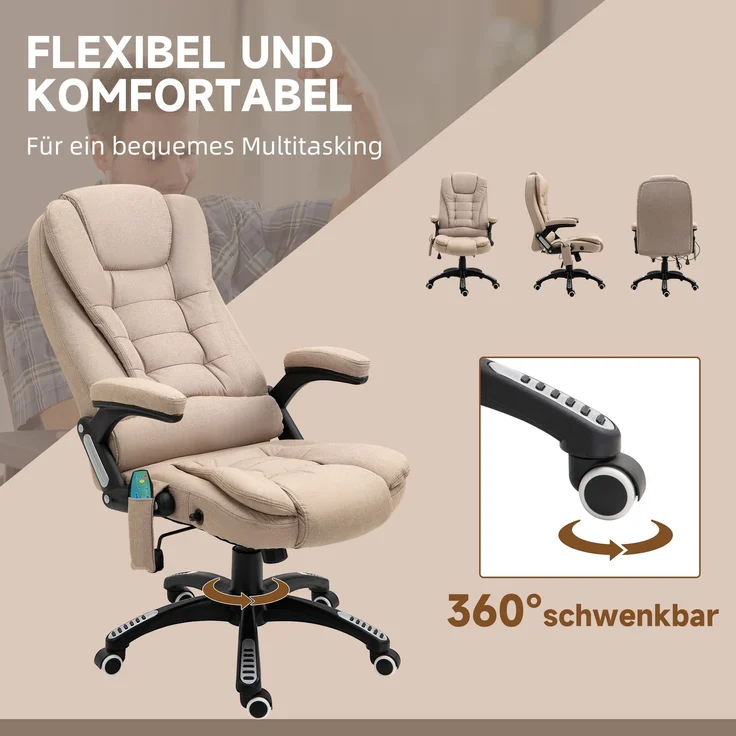 Massagesessel mit Wärmefunktion, Ergonomischer Schreibtischstuhl, höhenverstellbar, 68L x 72B x 110-120 cm, Braun--Braun--116x74x67cm--YOUDENOVA – Bild 10