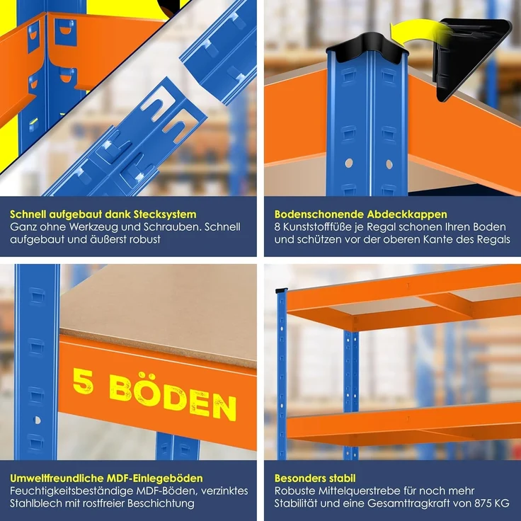 Masko 2er-Set Lagerregal Schwerlastregal, 5 verstellbare Ablagen, Metall orange / blau, 180 x 90 x 40 cm – Bild 3