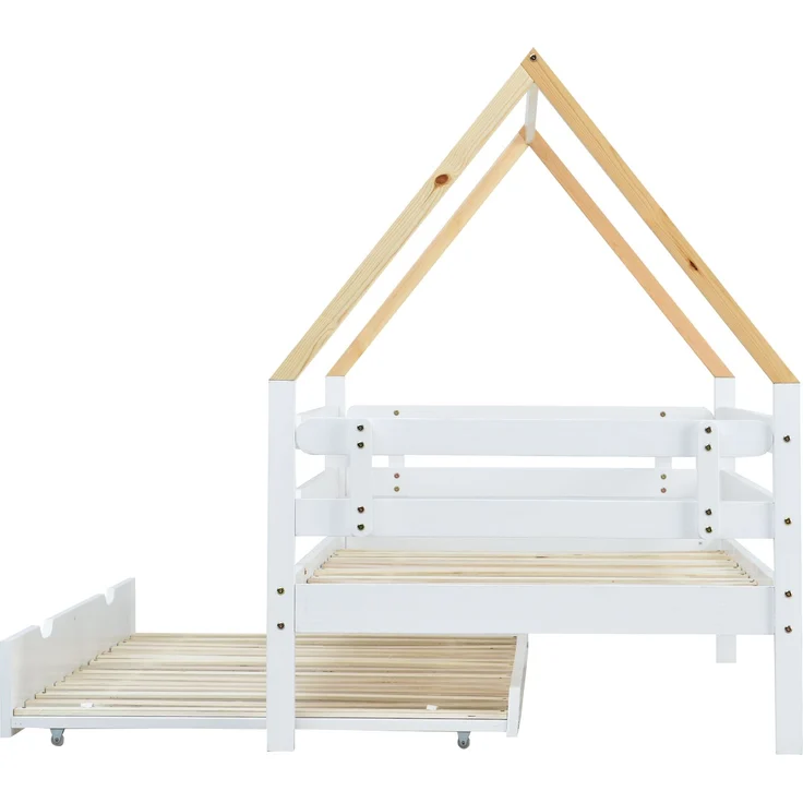Baumhausbett, Tagesbett, Einzelbett, Kinderbett, Ausziehbett, Schiebebett mit Rollen unten, Massivholz, weißes Bett, naturfarbener Dachstuhl (90x200 & 90x190CM) – Bild 10