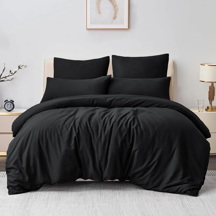 Bettwäsche Set 220x240 Schwarz Mikrofaser Reißverschluss 3tlg weich 2x80x80 – Bild 1
