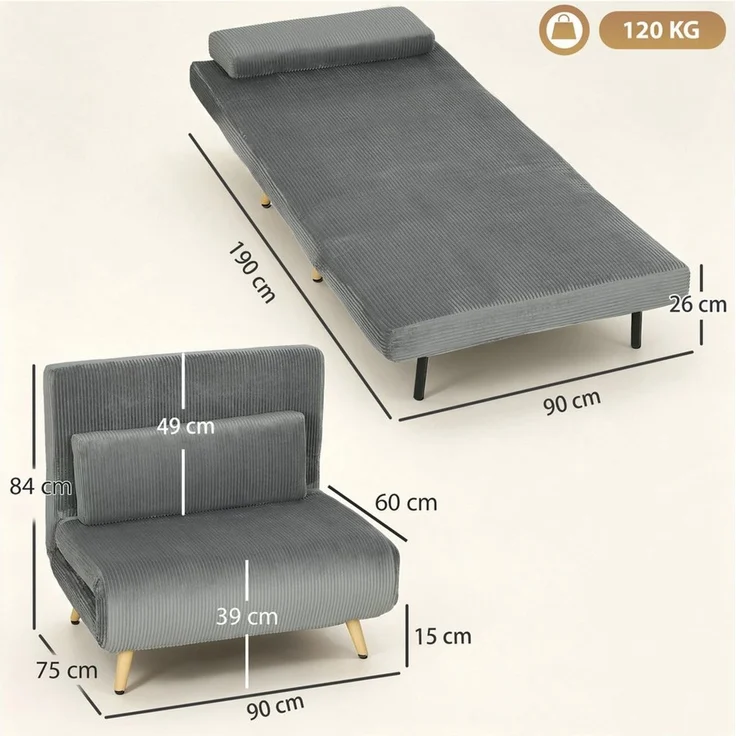 HOMCOM Schlafsofa Schlafsessel 3 in 1 mit Bettfunktion, Verstellbarer Rückenlehne, Set 1 Teile, 3-in-1, Click-Clack, Rückenlehne 6-fach – Bild 3