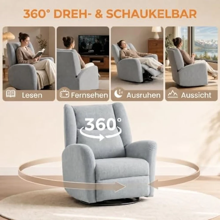 HOMCOM Relaxsessel Ruhesessel mit Schaukel- und Liegefunktion, breitem Sitz (TV Sessel, 1-St, 360° Drehbarer Liegesessel), für Wohnzimmer, Schlafzimmer, Heimkino, Hellgrau – Bild 5