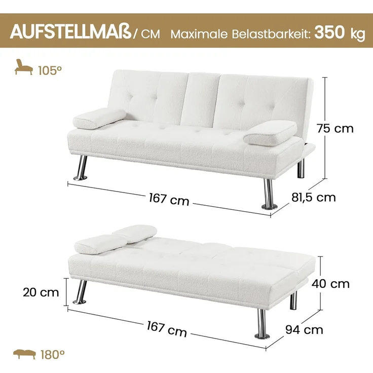 Yaheetech Schlafsofa für max. 3 Personen Gästebett Couch Sofa mit Schlaffunktion Tagesbett Bettsofa Schlafcouch Sofabett Polstersofa bis 350 kg belastbar Elfenbeinen – Bild 9