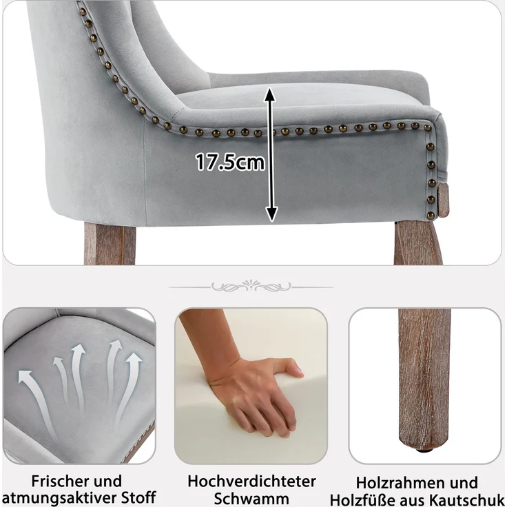 2er Set Grau Esszimmerstuhl mit Massivholzrahmen, gepolsterter Sitz & geschwungener Rückenlehne, komfortabler Designstuhl für Zuhause – Bild 7