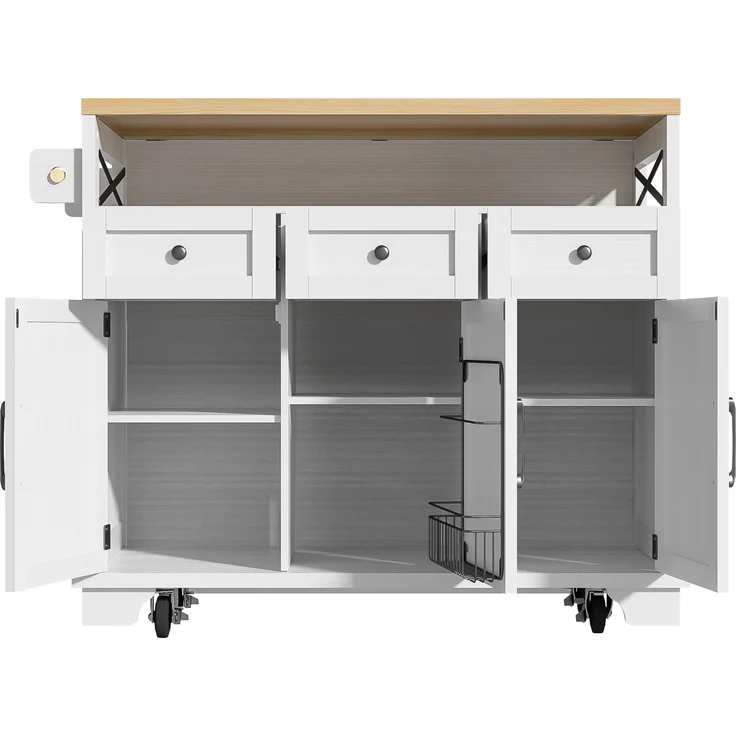Kücheninsel 118x43-80x98 cm, weißer Küchenwagen mit klappbarer Holzoptik-Arbeitsplatte und Metallrahmen, 98cmx118cmx43-80cm – Bild 7