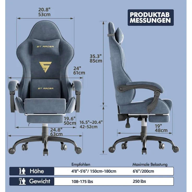 Ferghana Gaming-Stuhl Gaming-Stuhl: Kopfstütze, Lendenkissen, Armlehnen, Fußstütze (Packung), Ergonomischer PC-Stuhl,Rückenlehne 90°-125°