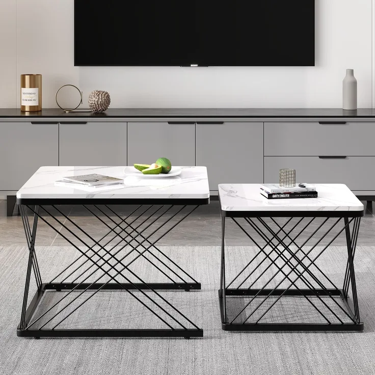 2-teiliges Couchtisch-Set in Weiß mit hochglänzender Marmoroptik, quadratische Beistelltische aus MDF mit höhenverstellbaren Füßen