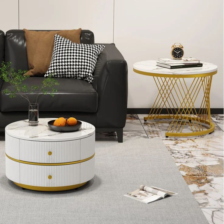 2-teiliges Couchtisch-Set mit Marmoroptik, runde Beistelltische mit Schubladen, Hochglanz Weiß, MDF Wohnzimmertische Set – Bild 5