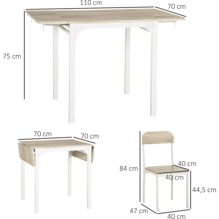 2-teilige Sitzgruppe, Klappbarer Esstisch mit 2 Stühlen, Klapptisch, 110 cm x 70 cm x 75 cm, Weiß + Natur--Natur+Weiß--75x70x110cm--YOUDENOVA – Bild 5
