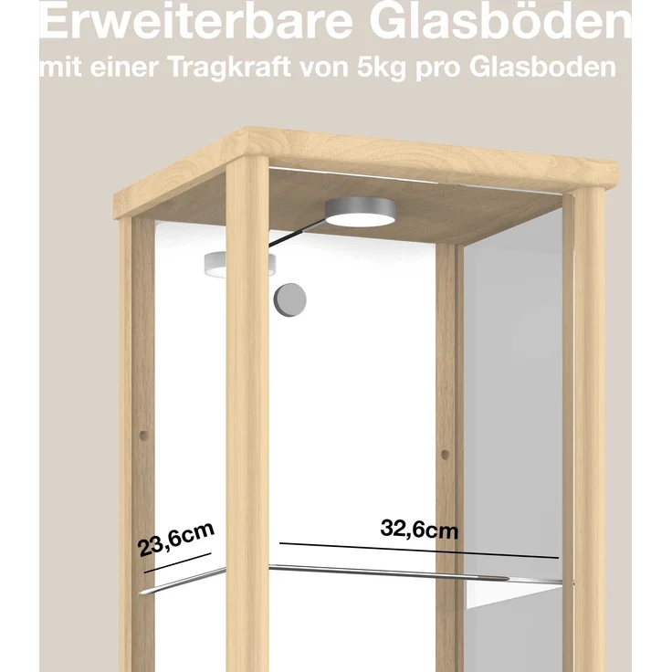 K-Mbel Standvitrine (176x37x33cm) - Made in Germany - Vitrinenschrank Buche mit 4 hhenverstellbaren Glasbden, Spiegel & LED - Glasvitrine Stehend - Vitrine Glas - Display Cabinet – Bild 5