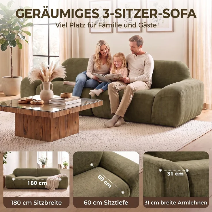 HOMCOM 3-Sitzer-Sofa, Chenille (100 % Polyester), Schaumstoff, Dunkelgrün, 244 x 95 x 70 cm – Bild 4