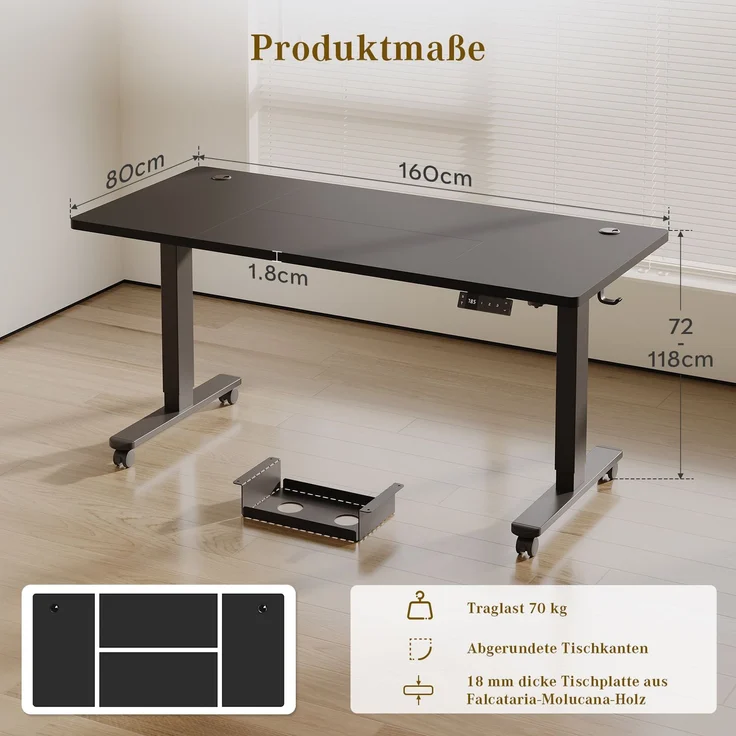 Devoko Höhenverstellbarer Schreibtisch Holzwerkstoff und Metall Schwarz 160 x 80 x 72-118 cm – Bild 8