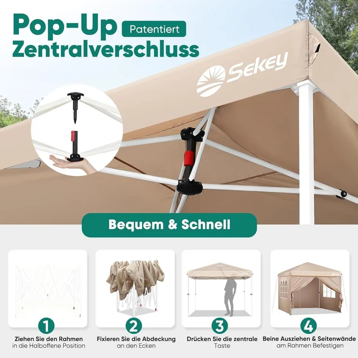 Sekey Premium Pop Up Pavillon 3x3 Wasserdicht Stabil, 3 x 3 m Pavillon mit Seitenwänden, Faltpavillon Partyzelt Faltbar für Camping Party, Höhe Verstellbar 250-270cm, (Khaki, Mit Seitenwänden) – Bild 2