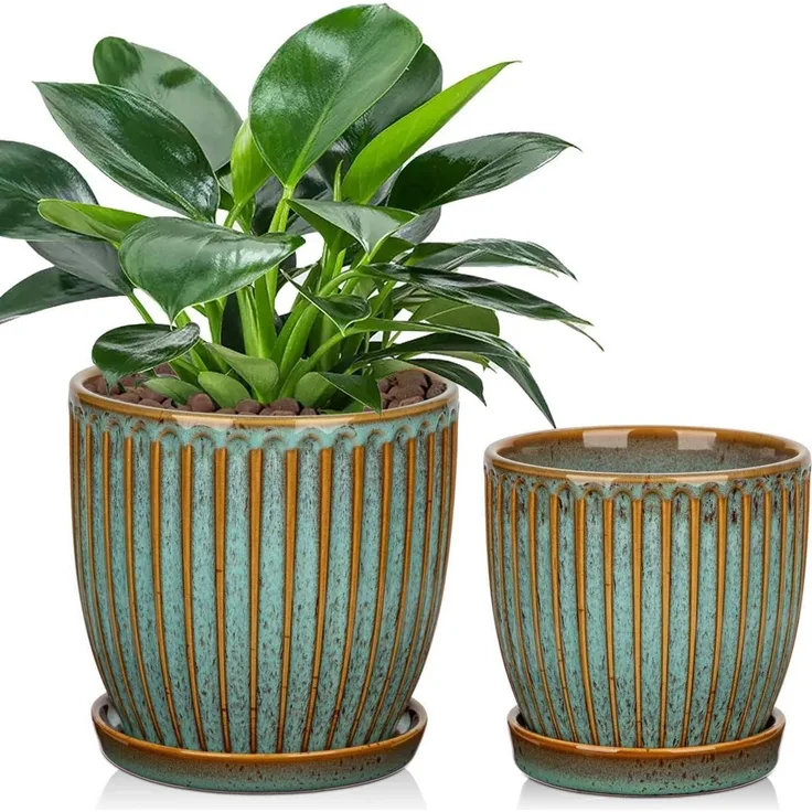 Übertopf 2er Set Keramik Drainageloch Untersetzer 15cm 13cm Dunkelblau