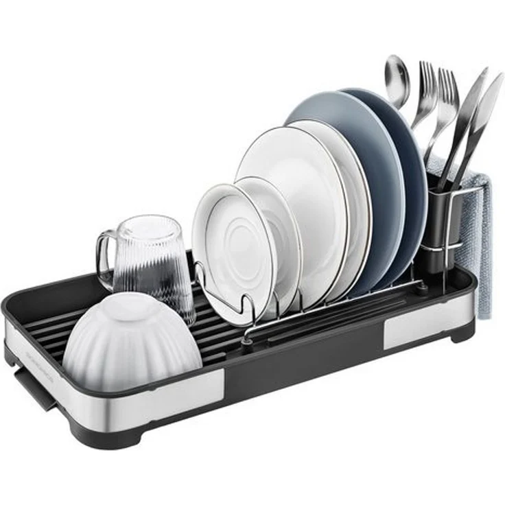 SONGMICS Abtropfgestell klein, Geschirr-Abtropfgestell für Spüle, Abtropfständer, Abtropfgitter Edelstahl, Abtropfschale, Besteckhalter, Tassenhalter rostfrei, für Geschirr, silbern-schwarz KCSDE034B01 – Bild 1