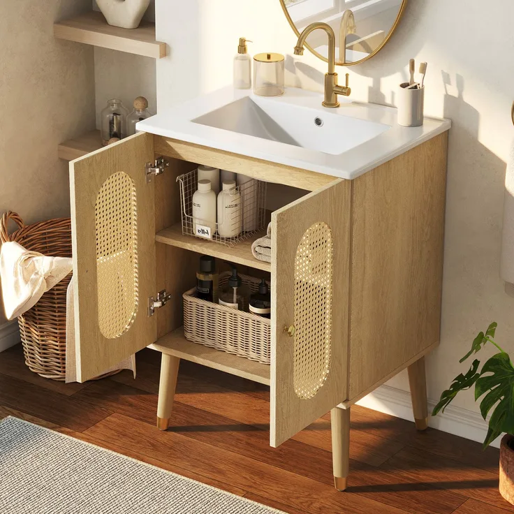 Waschtischunterschrank mit Keramikwaschbecken, B 61 x T 47 x H 89 cm, MDF in Holzoptik und Rattan-Türen