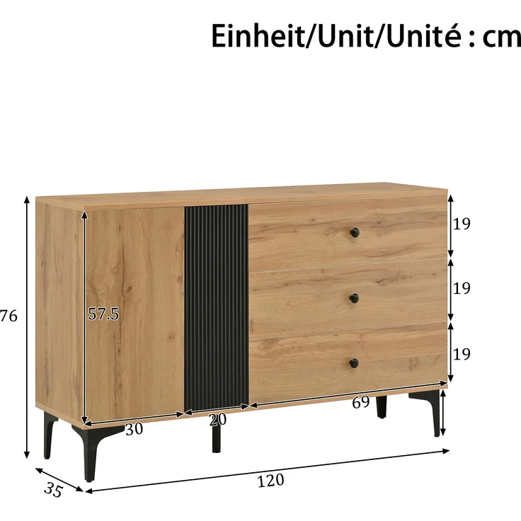 Sideboard aus Spanplatte mit Tür & 3 Schubladen, 120x35x76 cm, Natur/Schwarz – Bild 10