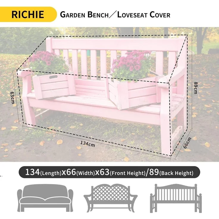 Außenbankbezug 2Sitzer Wasserdicht 6000d Schwarz 134x66x63 89cm – Bild 2