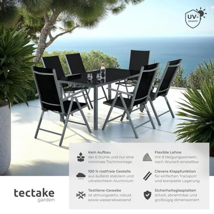 tectake® Sitzgarnitur Aluminium Klappstühle, Lounge Set mit 6X Stühle und 1x Glastisch Esstisch, Gartenmöbel Set wetterfest für den Balkon, Gartenstühle, Terrassenmöbel, Liegestuhl - anthrazit – Bild 3