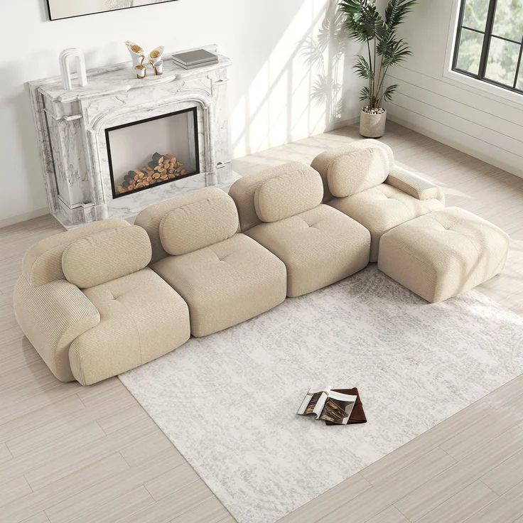 4-Sitzer Ecksofa mit 32D hochelastischer Polsterung,rutschfest mit Chaiselongue extra-breite Armlehnen frei kombinierbar ohne Montage für Büro Wohnzimmer und Heimkino,Beige, – Bild 2