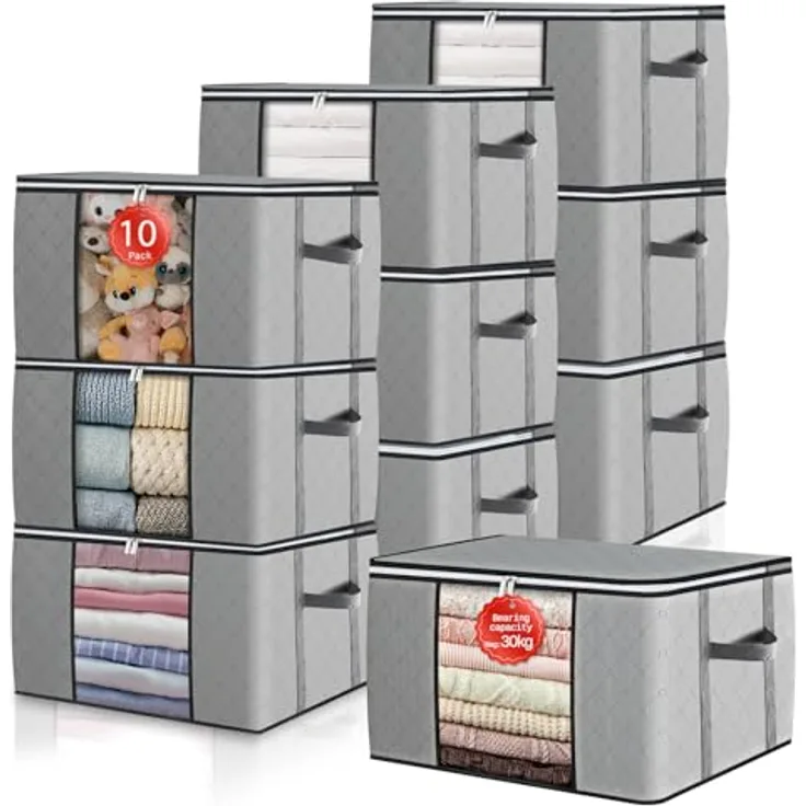 GoMaihe 90L Aufbewahrungstasche 10 Stück, Aufbewahrungsbox mit Deckel Groß Verstärkte Griffe, Kleidung Umzugskartons für Bettdecken, Unterbett Aufbewahrung Kleiderschrank Boxen Organizer Grau