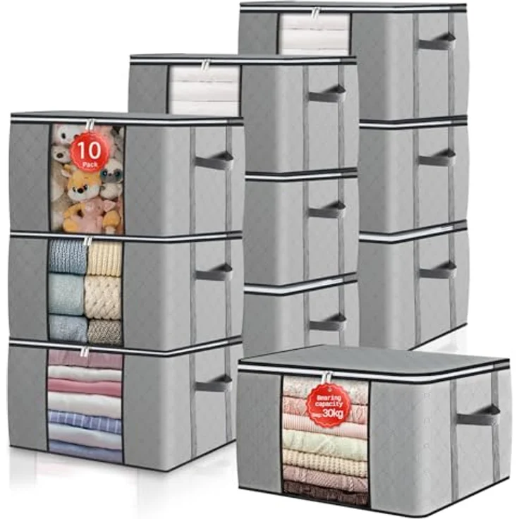 GoMaihe 90L Aufbewahrungstasche 10 Stück, Aufbewahrungsbox mit Deckel Groß Verstärkte Griffe, Kleidung Umzugskartons für Bettdecken, Unterbett Aufbewahrung Kleiderschrank Boxen Organizer Grau – Bild 1