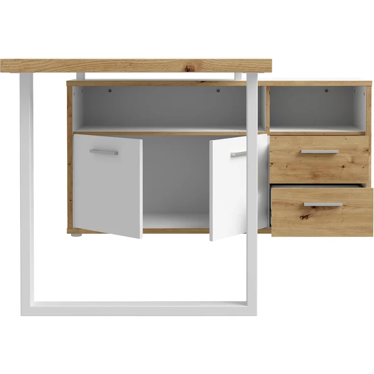 Forte KEFLAVIK Schreibtisch mit Schrank 120 130, modernes Büromöbel mit 2 Türen und 2 Schubladen, Weiß | Artisan Eiche Holzdekor, 124,2 cm breit x 74,1 cm hoch x 181 cm tief – Bild 4