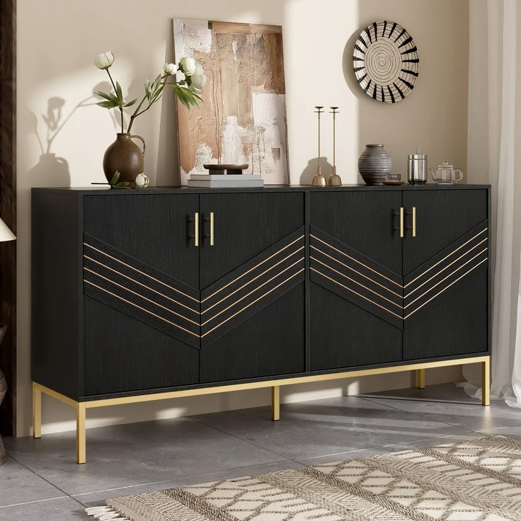 ZUBALIYA Sideboard 160x40x80,5 cm, mit verstellbaren Einlegeböden, mit 4 Türen, aus MDF, Schwarz / Holzfarben – Bild 7