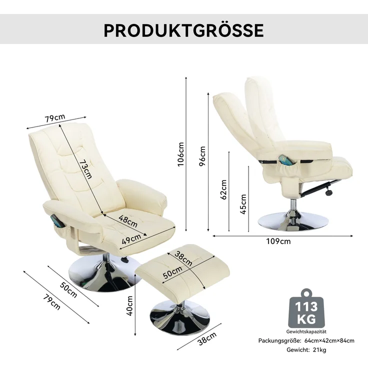Massagesessel mit Heizfunktion & Fußhocker, verstellbare Rückenlehne bis 135°, Kunstleder Relaxstuhl mit 360° Drehung,Beige – Bild 9