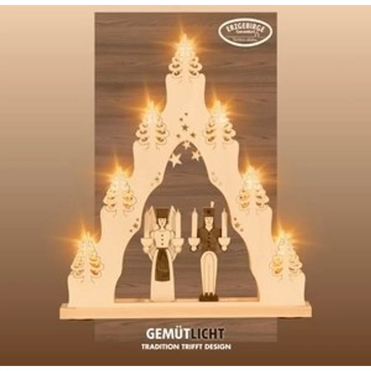 Weigla Schwibbogen Engel & Bergmann, Lichterspitze aus Holz, NATUR-BRAUN, Made in Germany, Erzgebirge garantiert, Weihnachtsdeko Innen, Weihnachtsbeleuchtung – Bild 6