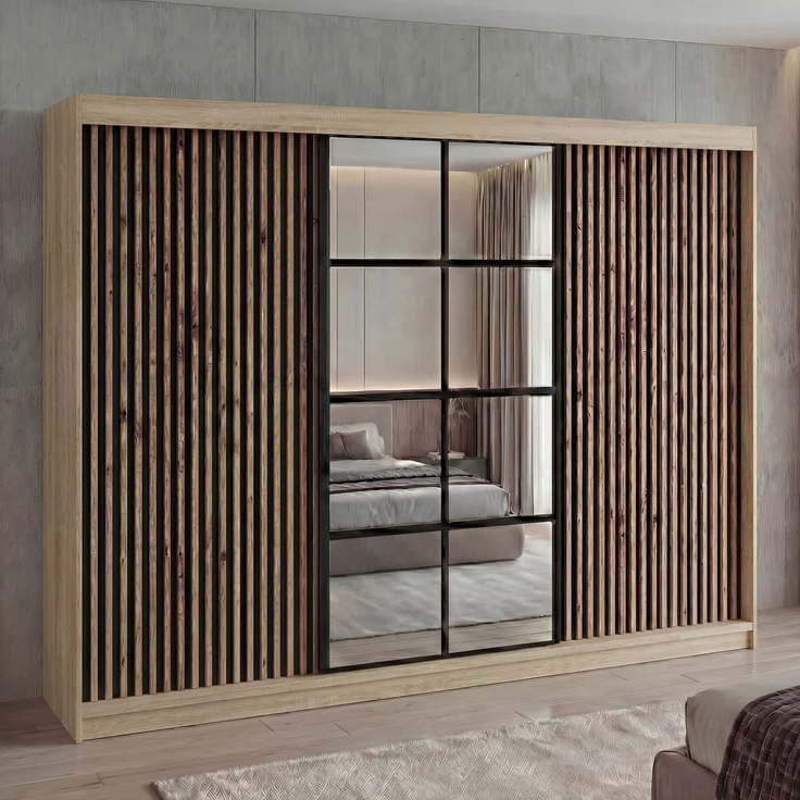 A&J MöbelLand 'NORIVO' Schwebetürenschrank, 200 cm, mit Spiegel und 3D-Lamellen, Sonoma, Lamellen: Schwarz, Premium – Bild 1