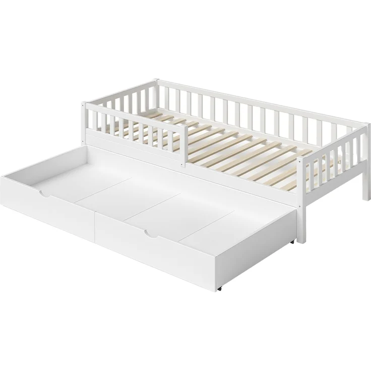 Bellabino 'Vils' Kinderbett 90x200 cm mit großer Schublade, weiß, Kiefer Massivholz, Montessori Bett mit Stauraum, mit abnehmbarem Rausfallschutz und Lattenrost – Bild 11