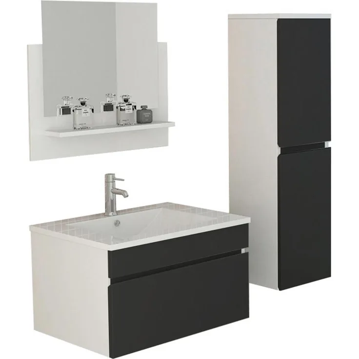 Jet-Line Badmöbelset GASTEIN, Badezimmer-Set mit schwarzem Hochglanz, Soft-Close-Unterschrank und Keramikwaschbecken