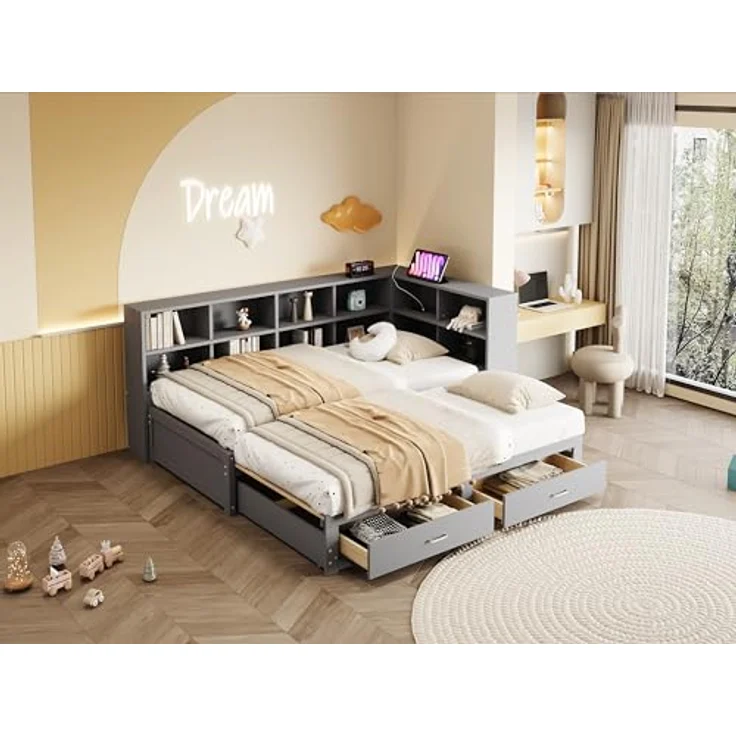 Ball & Cast Stauraumbett (90/180x190 cm) mit Schublade, Schlafsofa mit Vielen Ablagefächern + Multifunktionale Euro-Steckdose, Einfach & Zeitsparend Montierbar, Grau – Bild 3